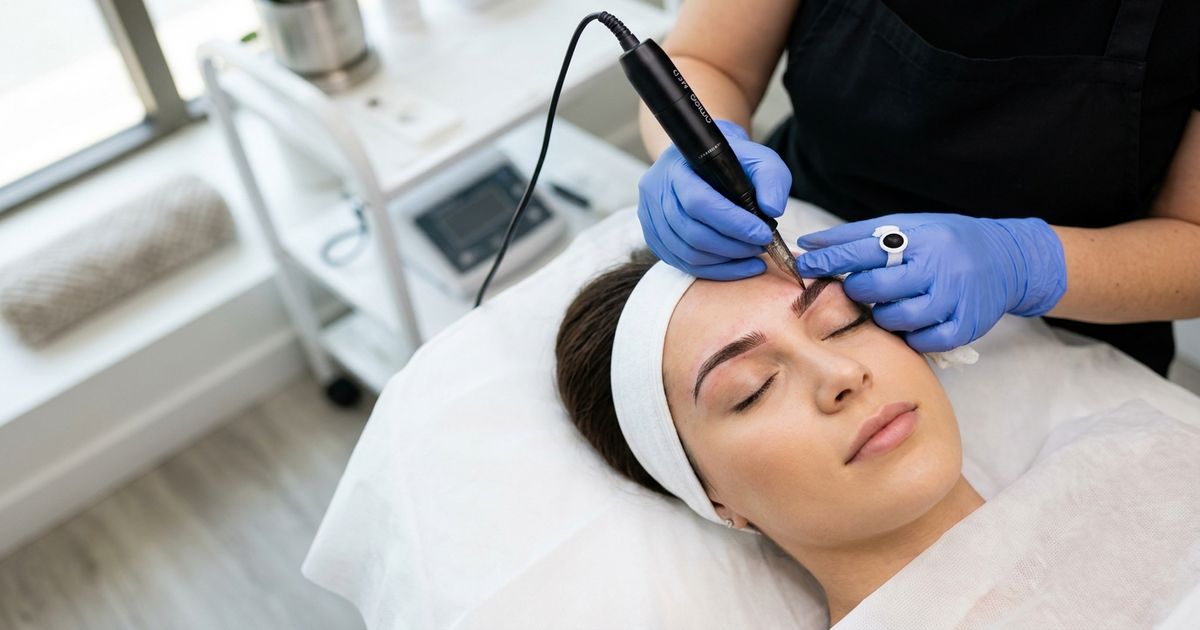 maquillage semi permanent sourcils seance dermographe mains gantees vue plongeante