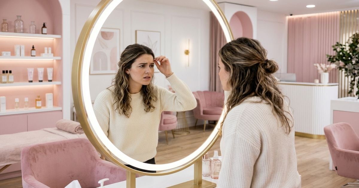 microblading raté cliente examinant ses sourcils dans un miroir de salon esthetique