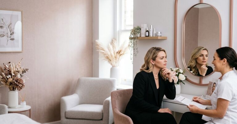 microblading sourcils prix : cliente en consultation face au miroir dans un salon elegant