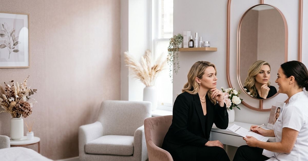 microblading sourcils prix : cliente en consultation face au miroir dans un salon elegant