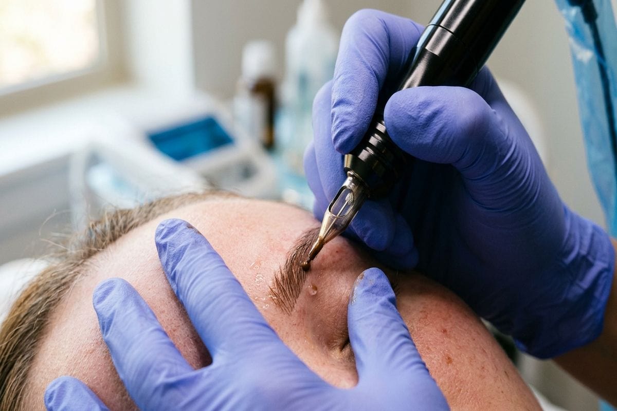 microblading sourcils prix : dermographe professionnel en action sur peau — technique précise