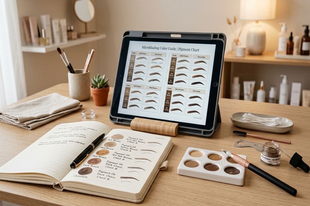 praticienne microblading choisit pigment microblading avec nuancier tablette bureau