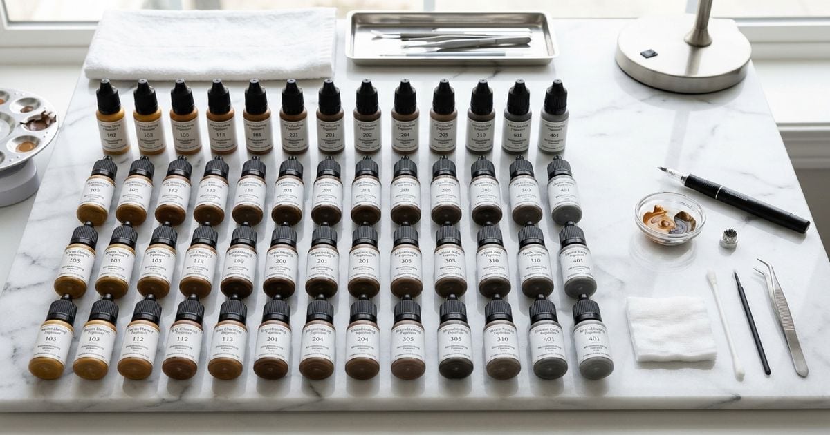 pigment microblading flacons alignés par dégradé de couleurs flat lay professionnel