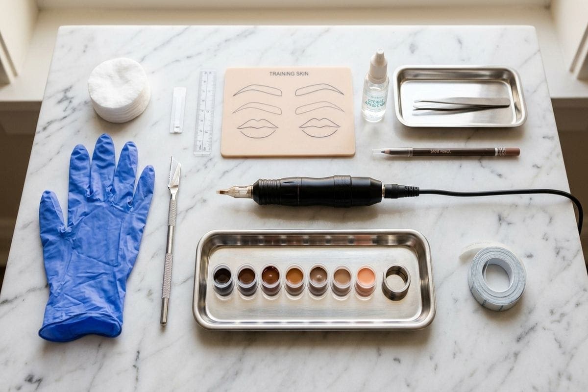 cours dermopigmentation marseille : élève pratiquant sur peau synthétique lors d'une formation à distance