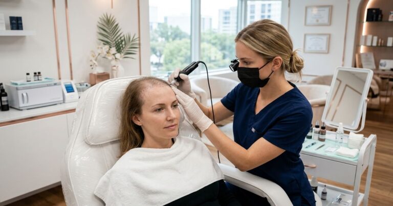 praticienne en seance de dermopigmentation cheveux femme salon esthetique