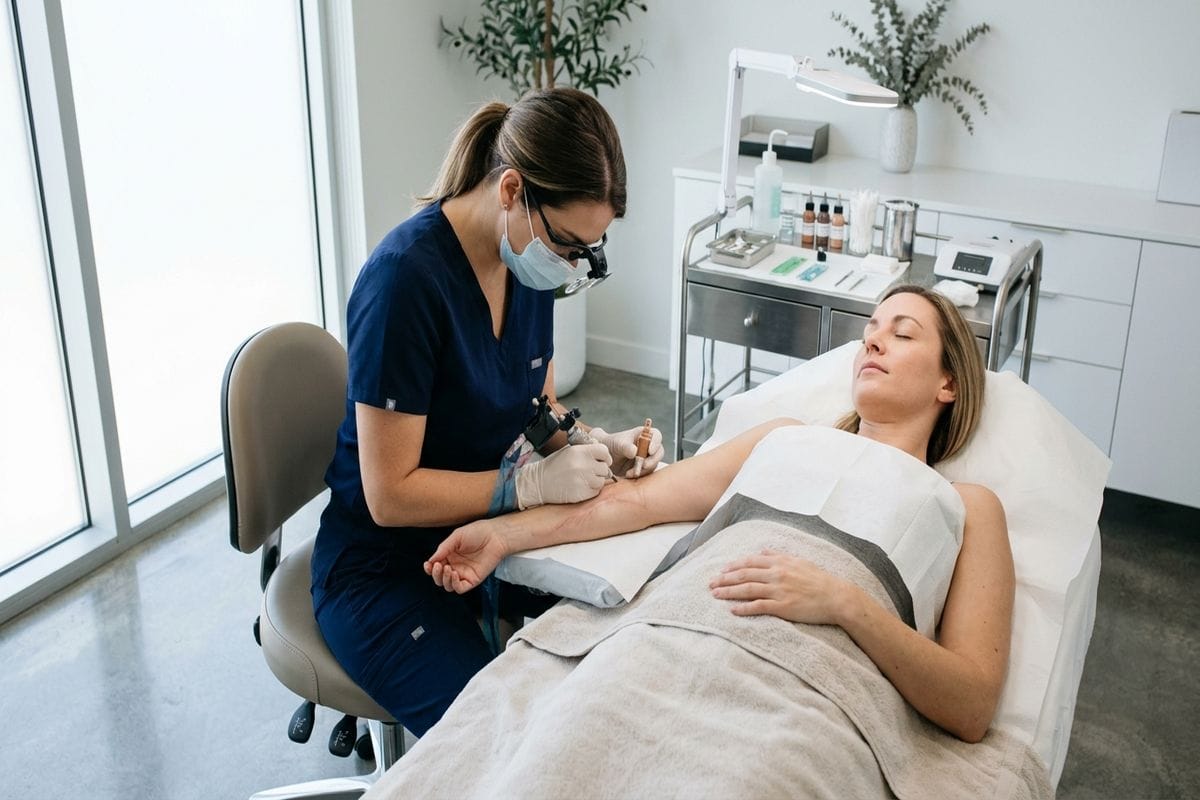 dermopigmentation cicatrice avant après : séance en cours avec praticienne experte