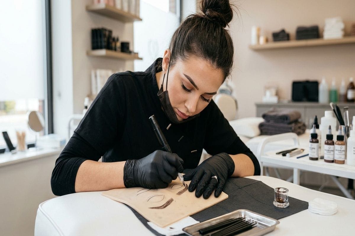 Formation microblading en ligne : élève pratiquant sur peau synthétique