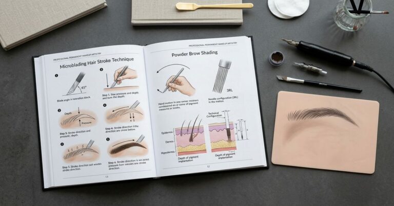 manuel de formation microblading gratuit ouvert illustrations techniques peau synthetique flat lay