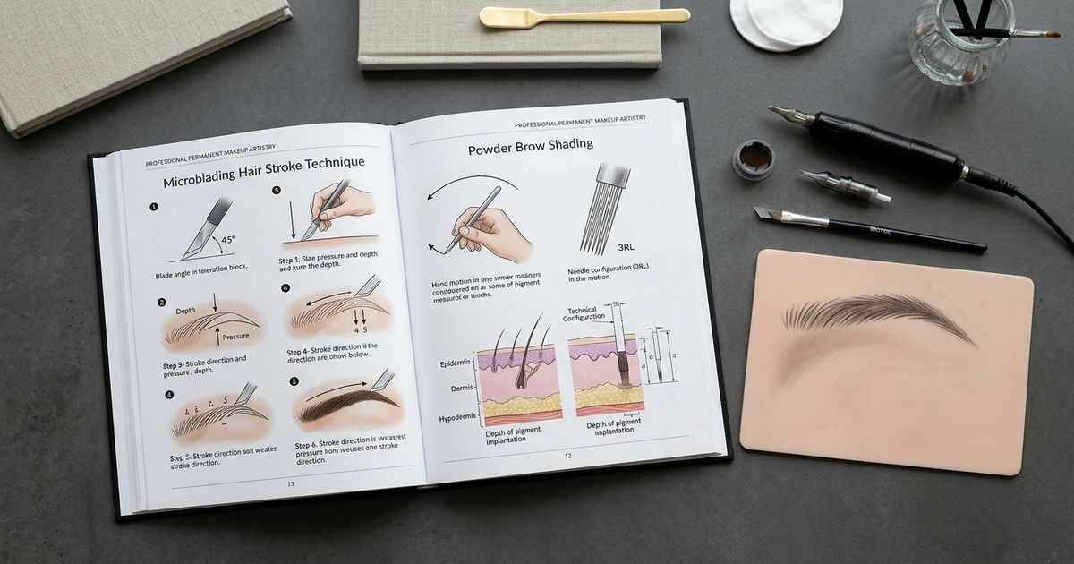manuel de formation microblading gratuit ouvert illustrations techniques peau synthetique flat lay