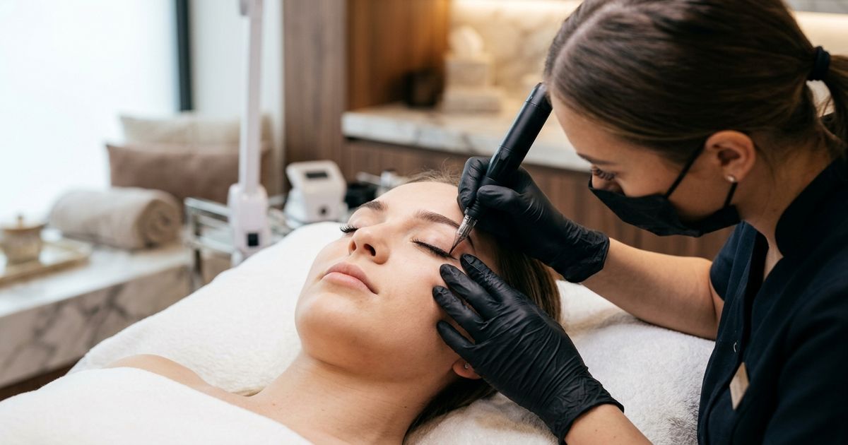 maquillage permanent eye liner application sur paupiere fermee mains gantees dermographe
