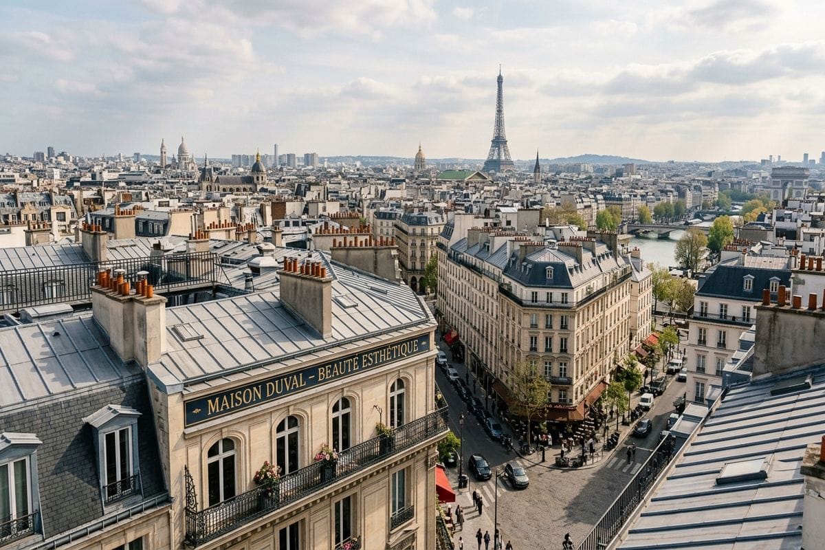 maquillage permanent france : façade d'un institut spécialisé dans une rue piétonne française