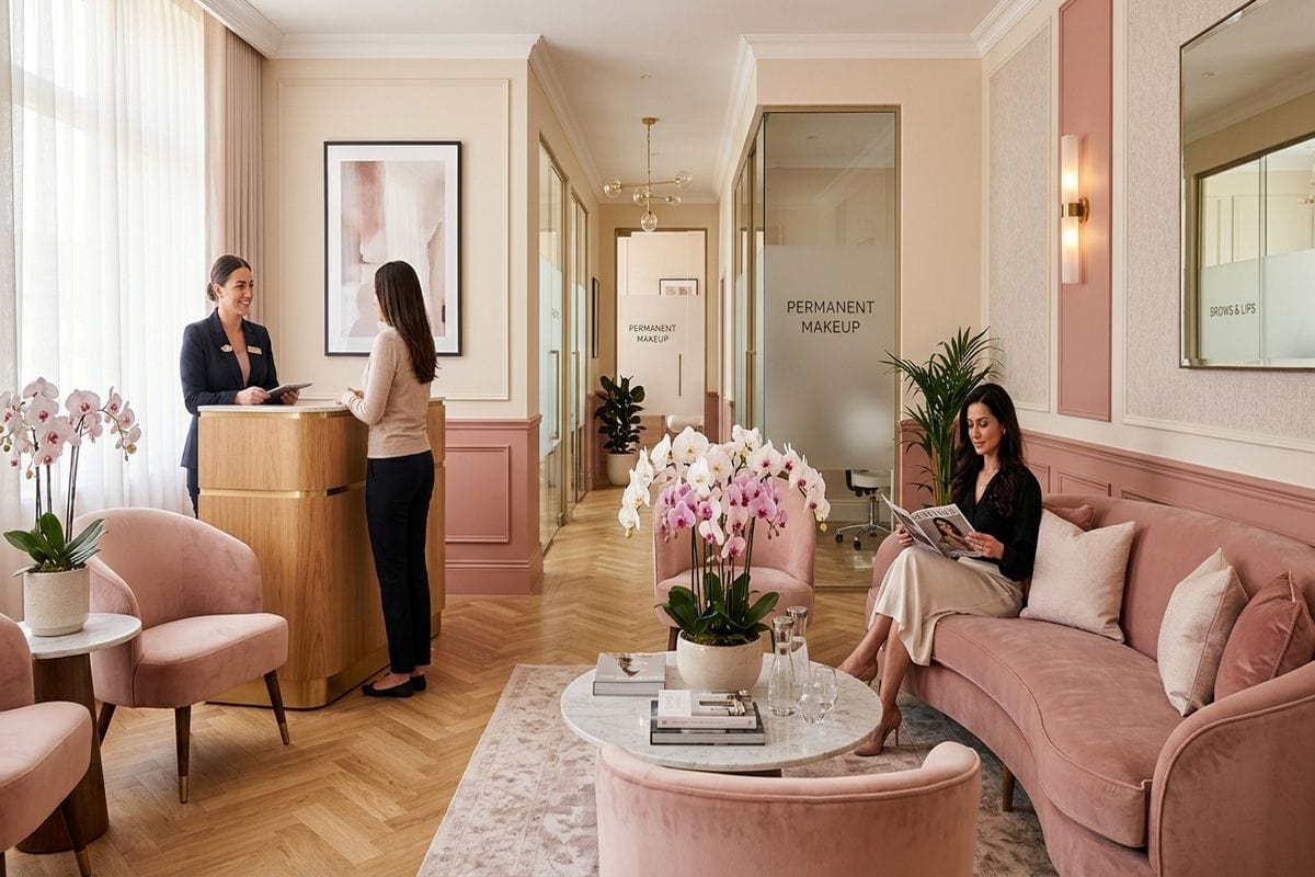 maquillage permanent france : cliente en consultation face au miroir pour choisir sa prestation