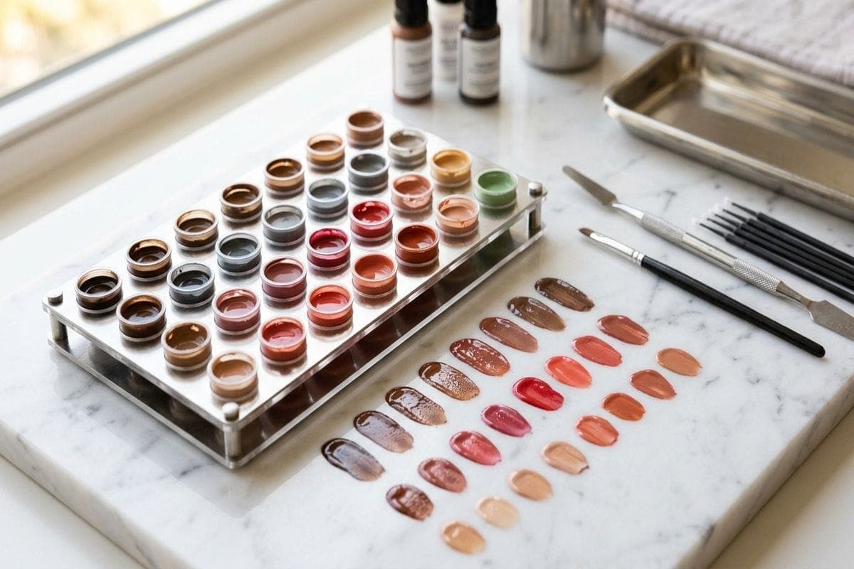 Maquillage permanent suisse : élève pratiquant la dermopigmentation sur peau synthétique dans le cadre d'une formation en ligne