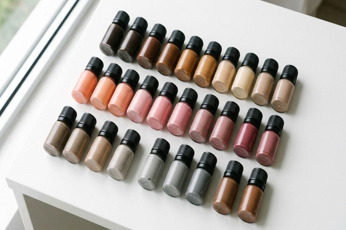 flacons de pigment maquillage permanent alignés sur plan de travail professionnel
