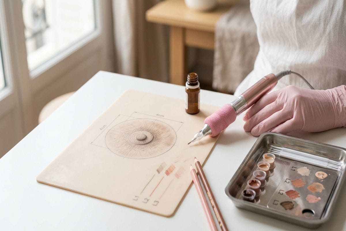 formation dermopigmentation réparatrice paris : entraînement aréole 3D sur peau synthétique