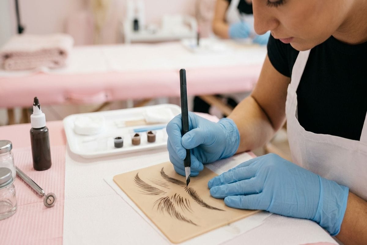 formation microblading pole emploi : pratique des traits sourcils sur peau synthetique