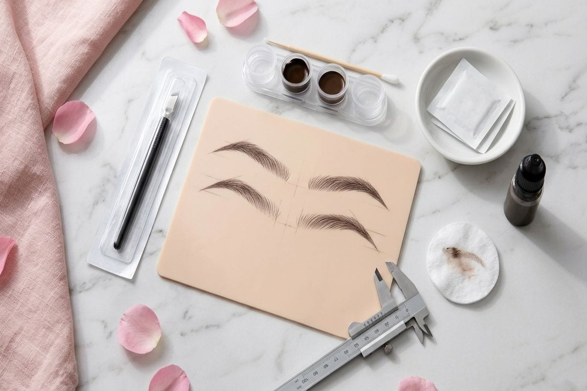 microblading naturel : pratique de traits fins sur peau synthétique