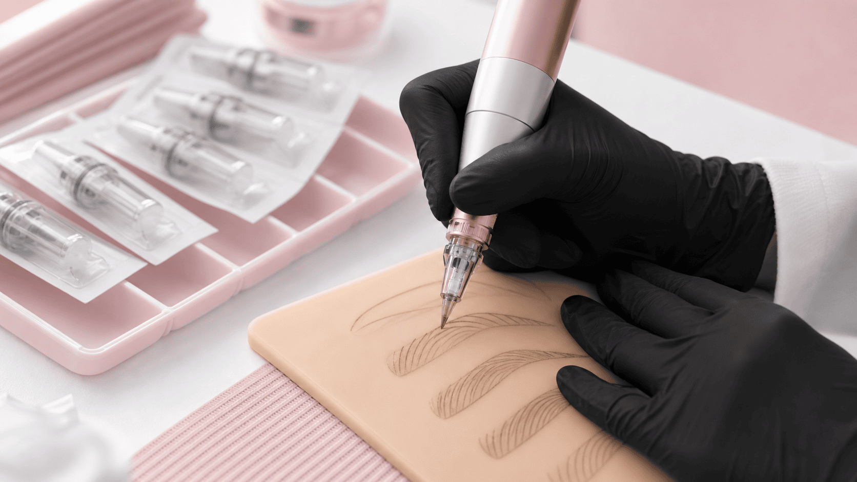 Mains gantées utilisant un dermographe sur un support synthétique d’entraînement pour sourcils