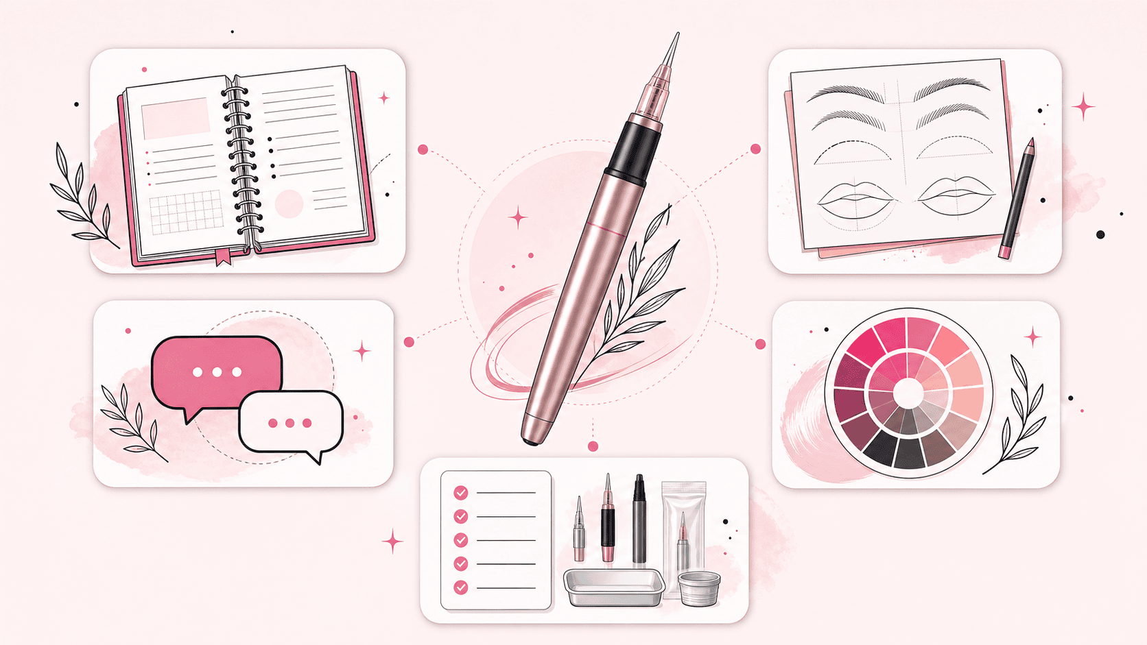 Illustration des critères pour choisir une formation au maquillage permanent avec programme, exercices, retours, colorimétrie et matériel