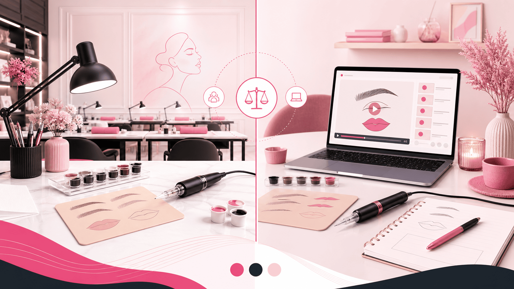 Comparaison illustrée entre une salle de formation au maquillage permanent et un apprentissage en ligne depuis chez soi
