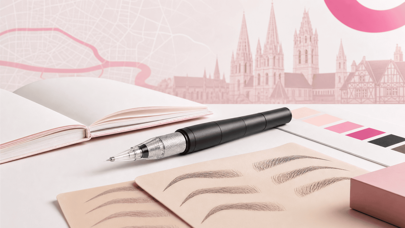 Dermographe et supports d’entraînement illustrant une formation au maquillage permanent à Caen