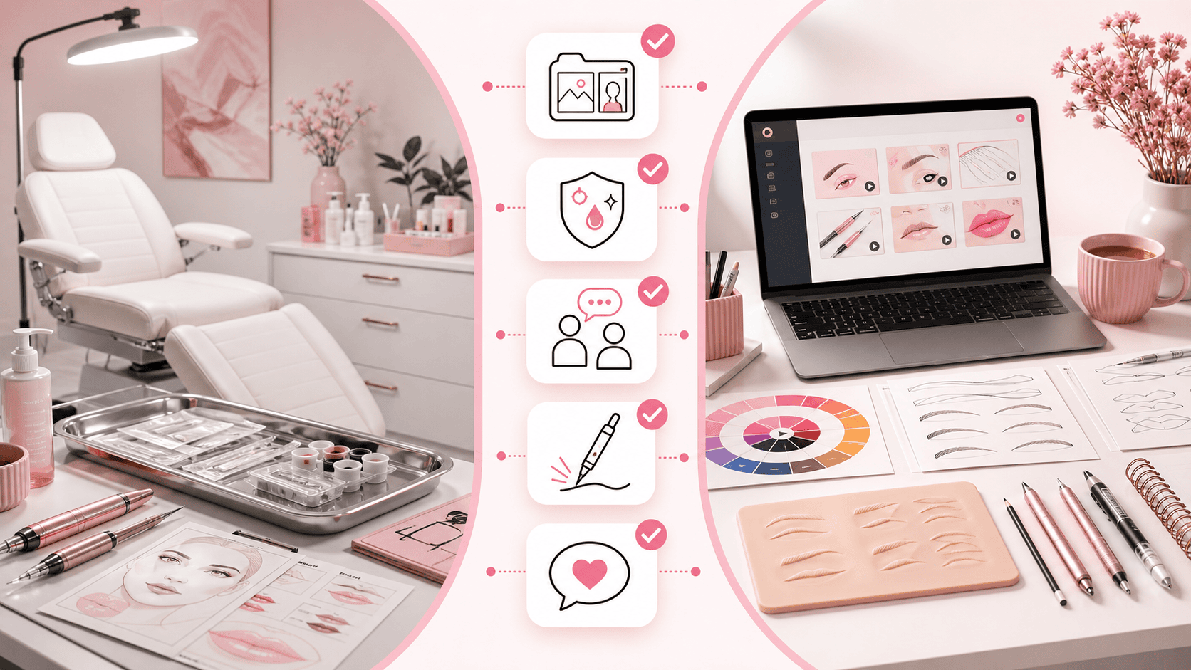 Comparaison illustrée entre une consultation de maquillage permanent et un apprentissage en ligne avec exercices