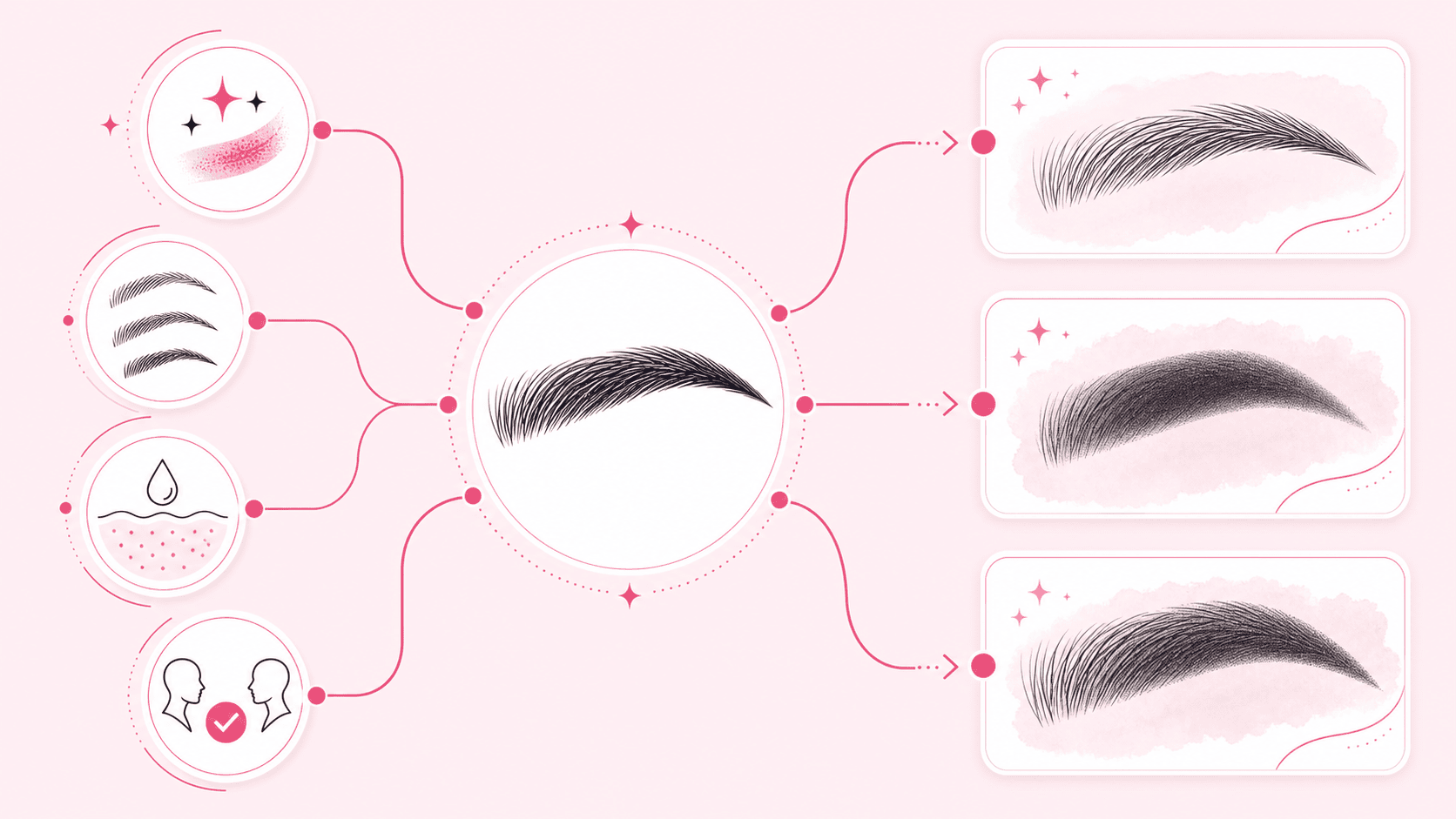 Schéma illustré des rendus poil à poil, poudré et mixte pour choisir une technique de sourcils