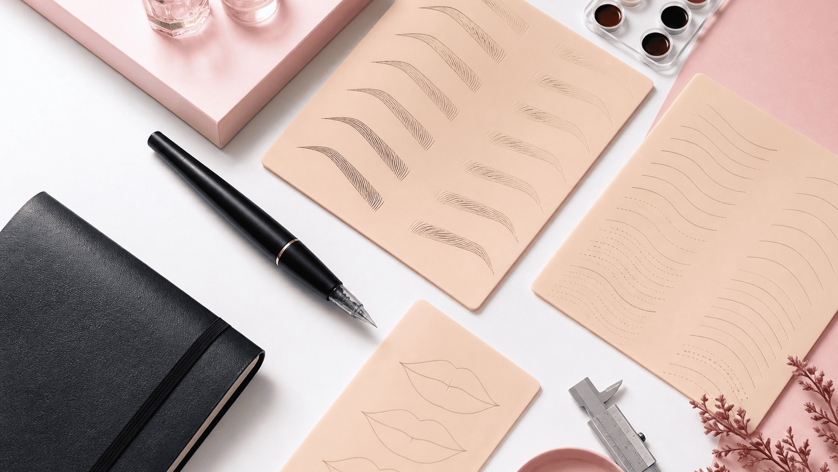 Dermographe et planches d’exercices de maquillage permanent sur peau synthétique