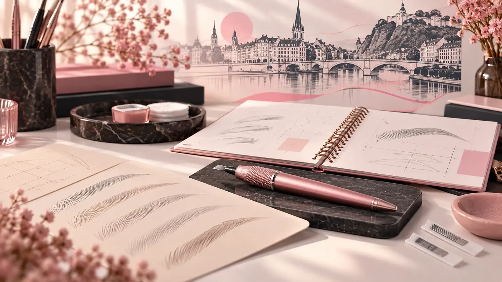 Illustration générée par IA de supports pédagogiques pour choisir une formation microblading à Liège