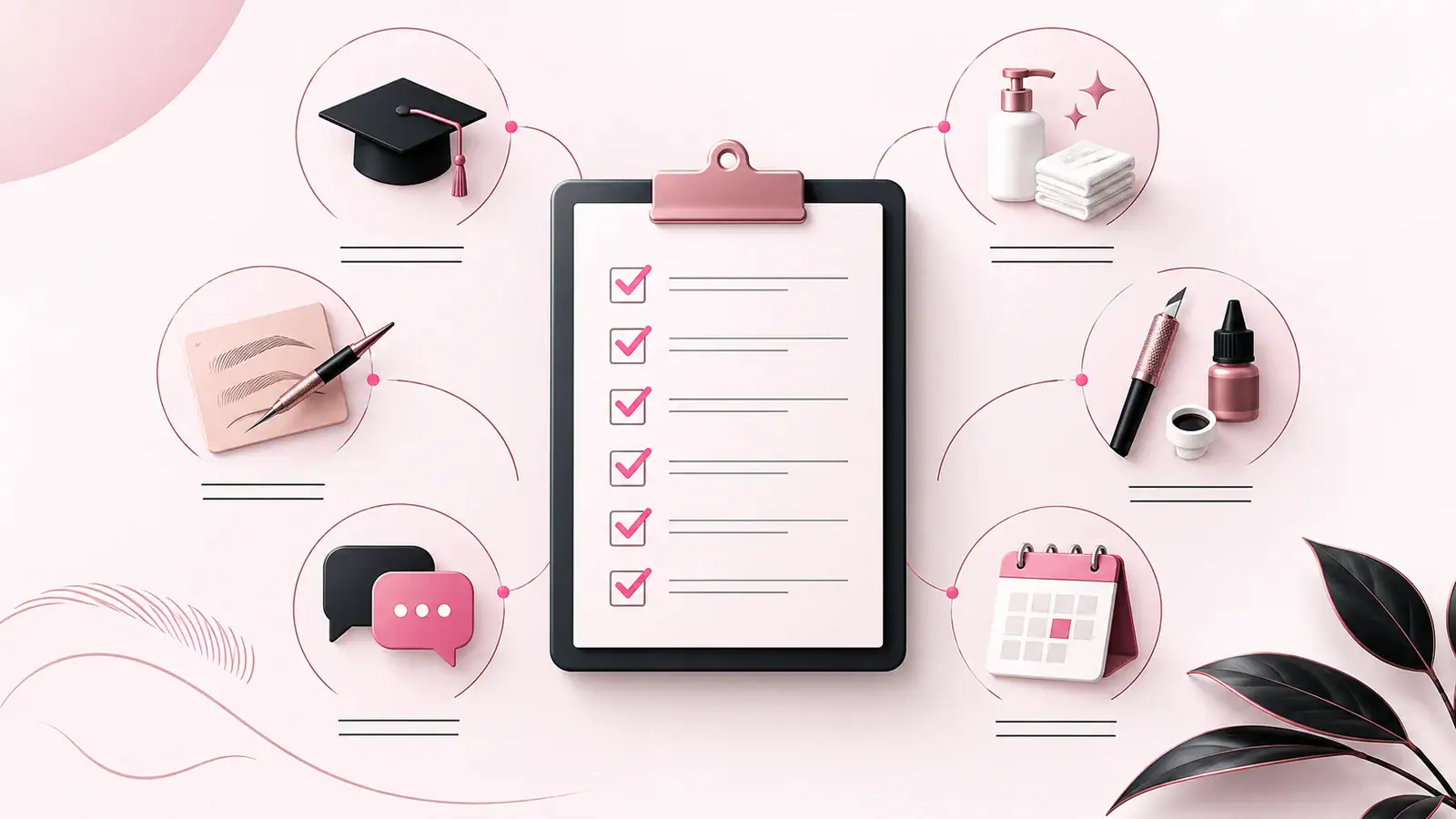 Illustration générée par IA d’une checklist de formation microblading