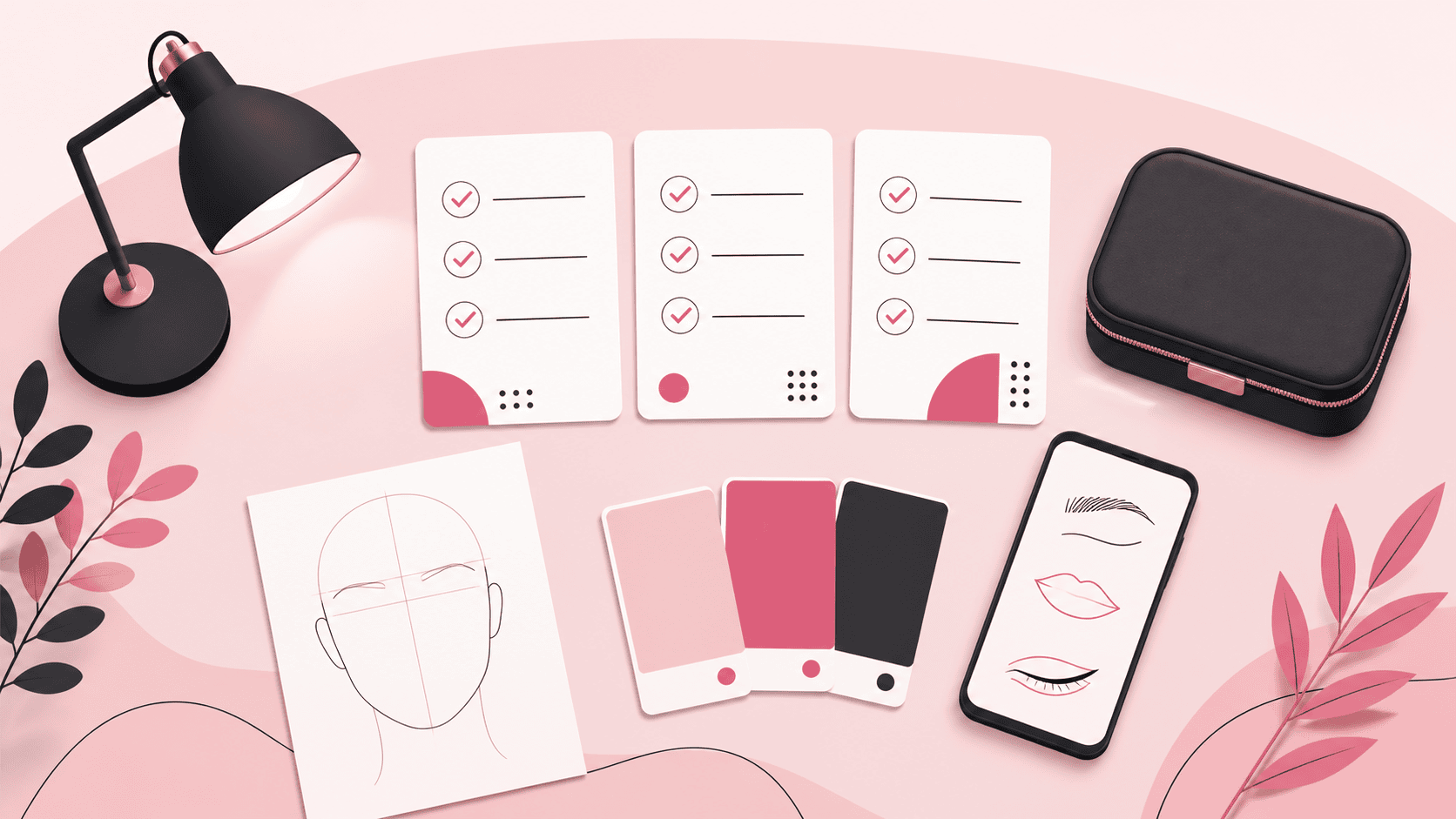 Table de consultation illustrée avec checklist, dessin de visage et nuancier