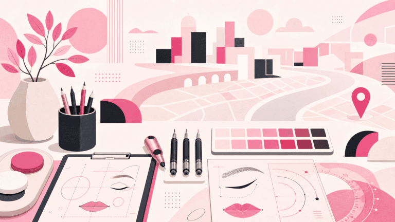 Illustration générée par IA : outils et dessins de consultation de maquillage permanent devant un décor abstrait évoquant Bordeaux