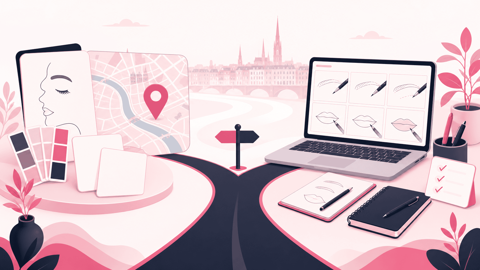 Deux parcours illustrés : consultation locale et apprentissage en ligne du maquillage permanent