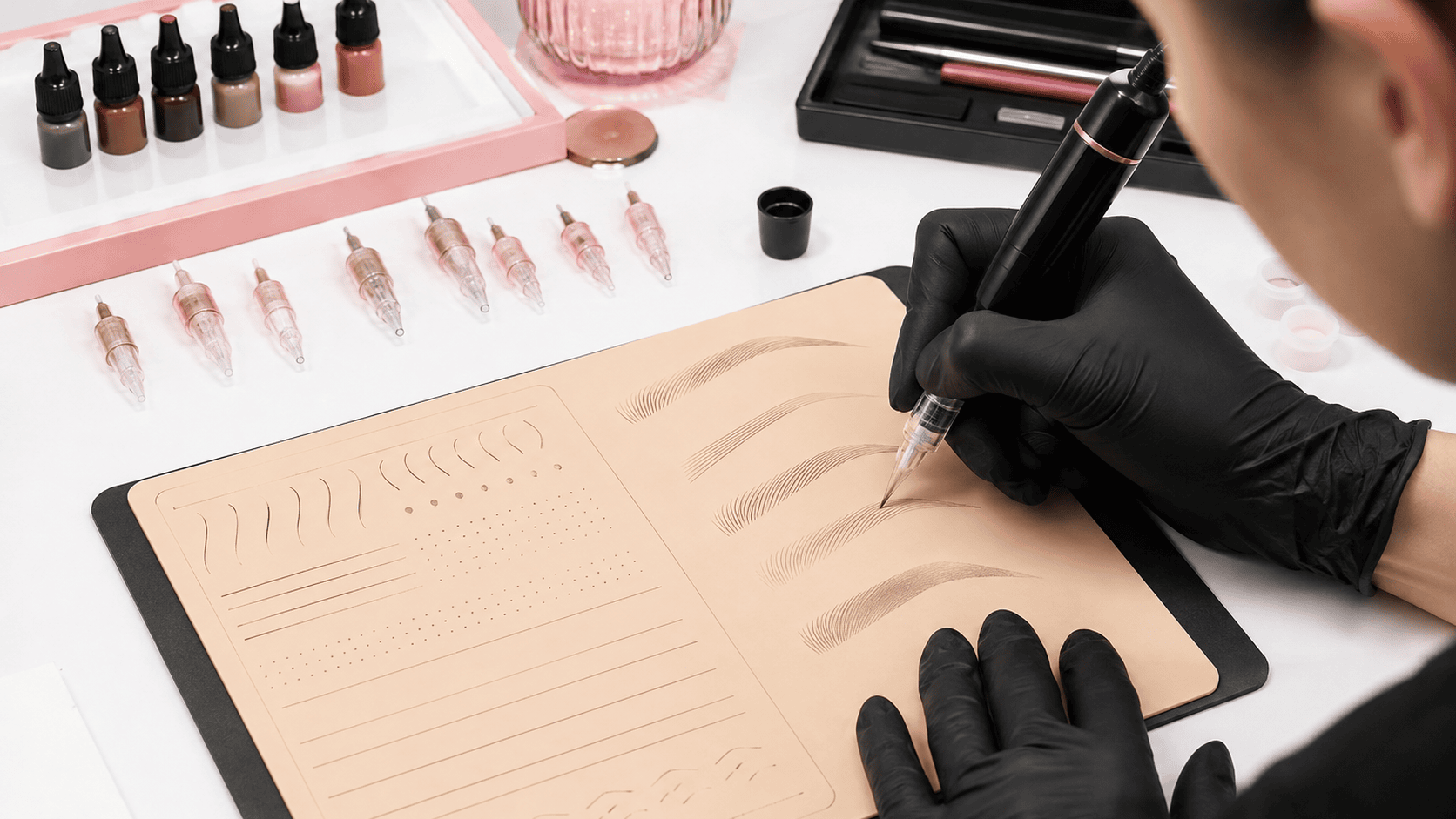 Main gantée réalisant des exercices progressifs au dermographe sur une peau synthétique
