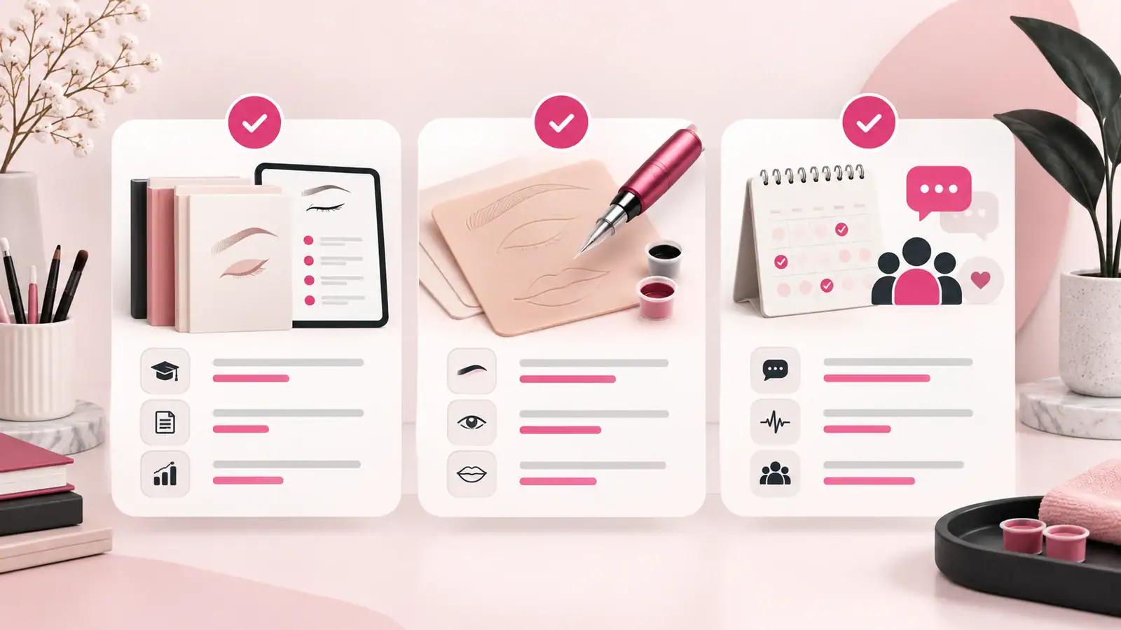 Illustration générée par IA d’une checklist pour comparer une formation au maquillage permanent