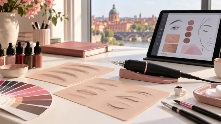 Illustration générée par IA de supports pédagogiques pour choisir une formation dermopigmentation depuis Toulouse