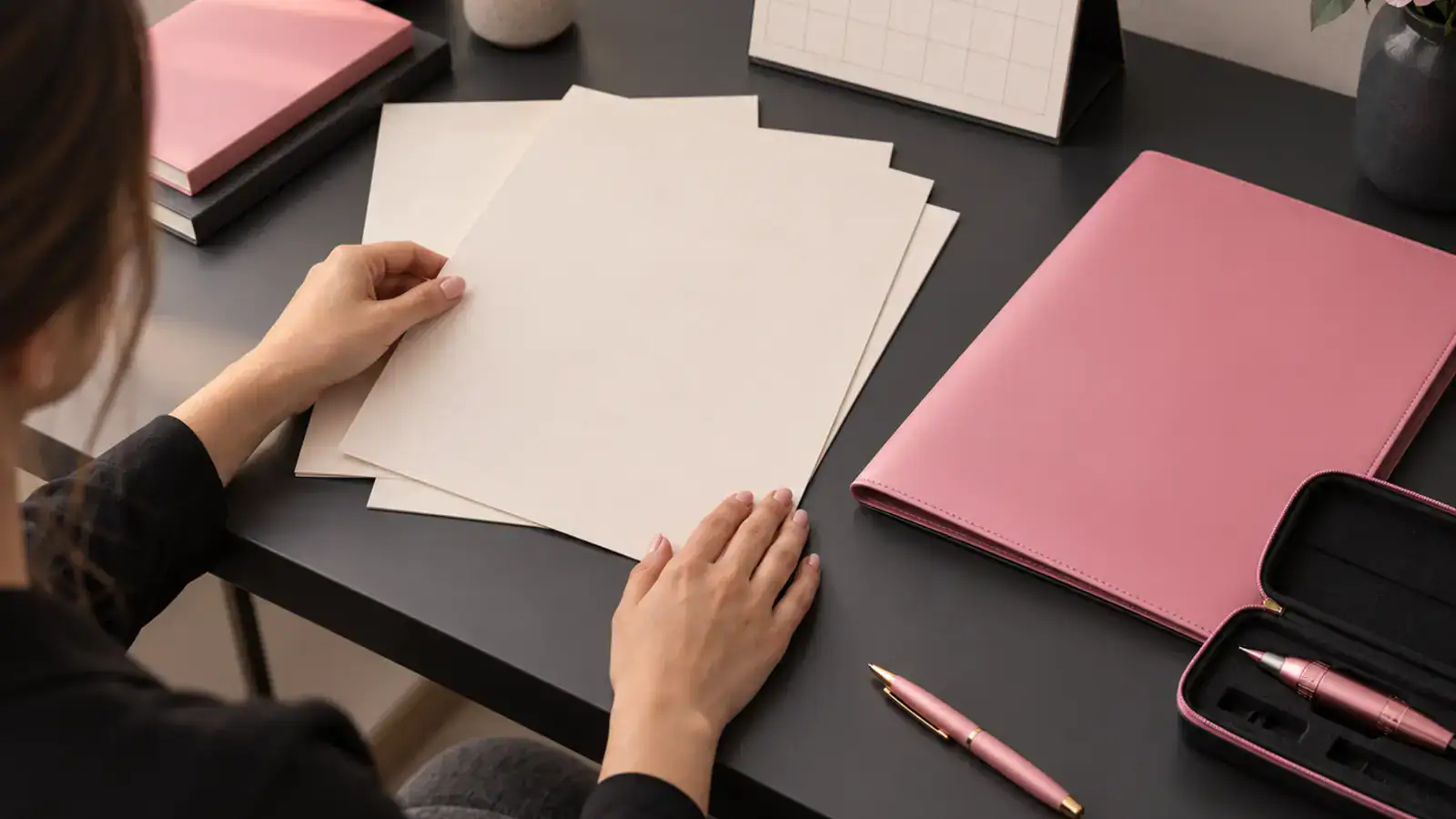 Illustration générée par IA représentant des mains qui comparent des documents de formation sur un bureau.