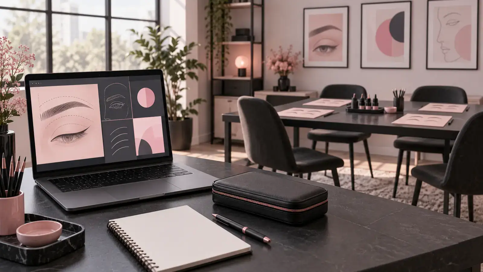 Illustration générée par IA associant un ordinateur de formation à distance et une table de salle de formation.