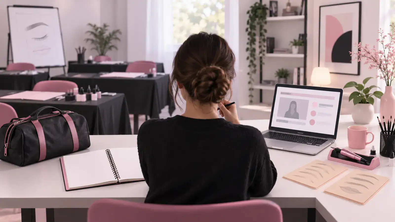Illustration générée par IA : espace de réflexion et matériel pour comparer les formats de formation au maquillage permanent.