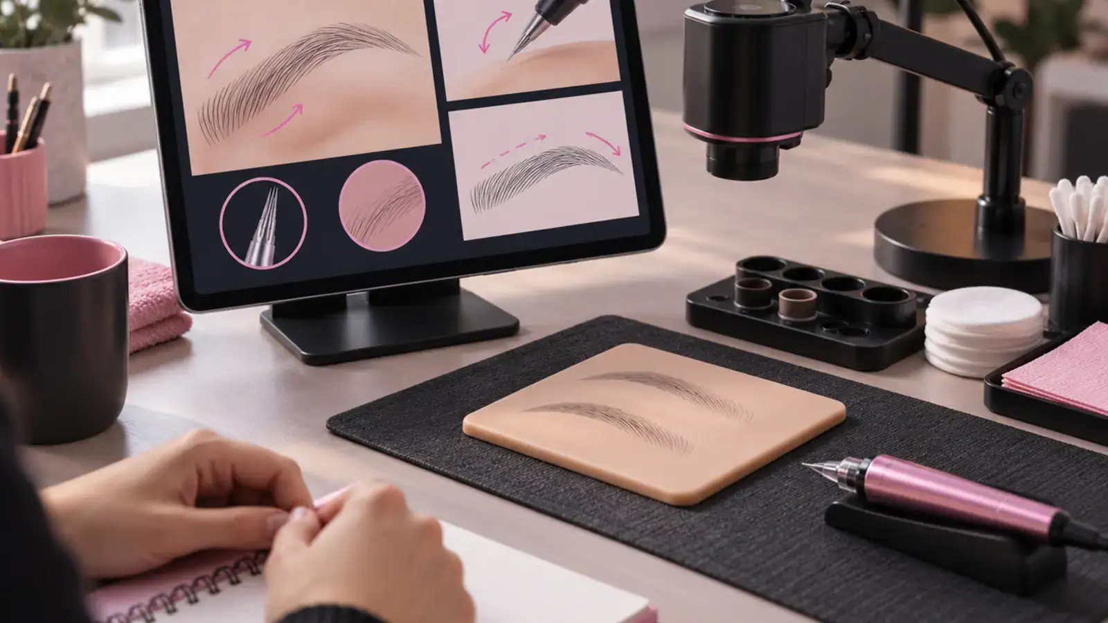 Illustration générée par IA d'un espace d'entraînement à distance avec caméra, tablette et support de sourcils synthétique.